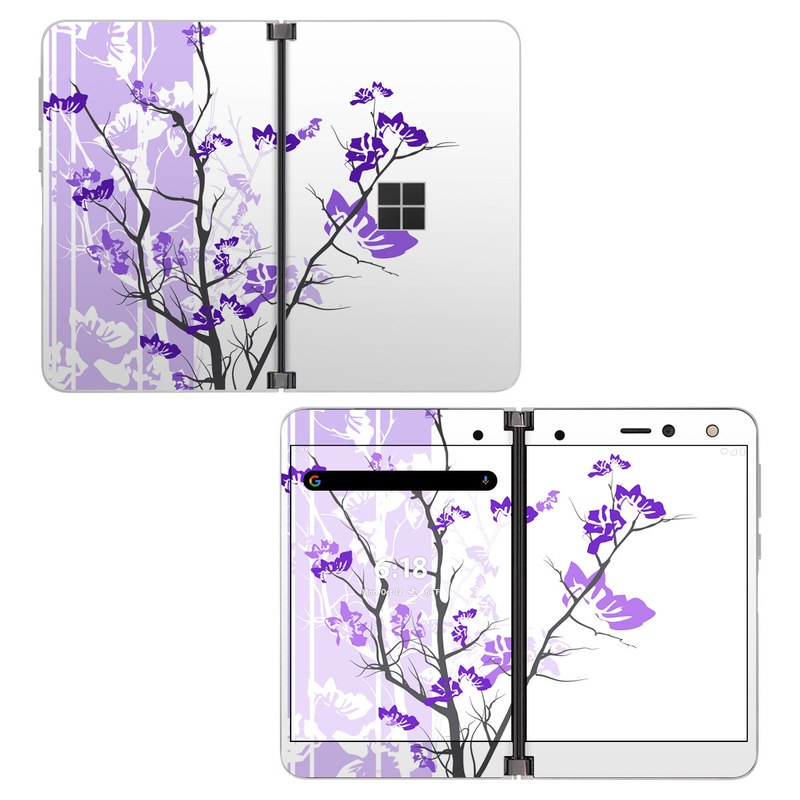 Microsoft Surface Duo Skin design of Branch, Purple, Violet, Lilac, Lavender, Plant, Twig, Flower, Tree, Wildflower, with white, purple, gray, pink, black colors