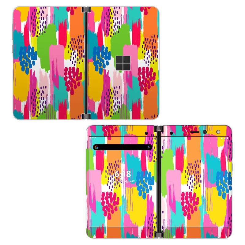 Microsoft Surface Duo Skin design of Colorfulness, Textile, Rectangle, Font, Line, Painting, Art, Magenta, Material property, Pattern, with white, pink, yellow, orange, blue, red colors