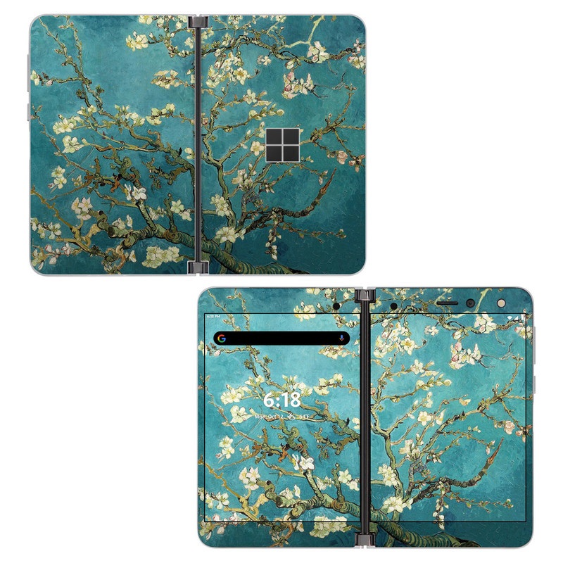 Microsoft Surface Duo Skin design of Tree, Branch, Plant, Flower, Blossom, Spring, Woody plant, Perennial plant, with blue, black, gray, green colors