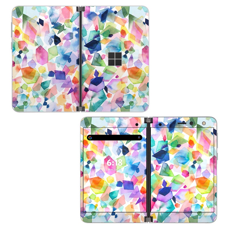 Microsoft Surface Duo Skin design of Colorfulness, Azure, Triangle, Art, Font, Line, Aqua, Material property, Creative arts, Symmetry, with white, blue, green, red, pink, orange, yellow, purple colors