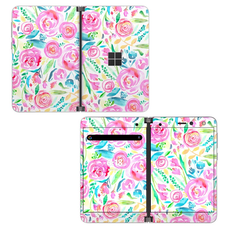 Microsoft Surface Duo Skin design of Flower, Plant, Petal, Pink, Art, Material property, Magenta, Flowering plant, Pattern, Rose family, with white, pink, green, blue, yellow colors