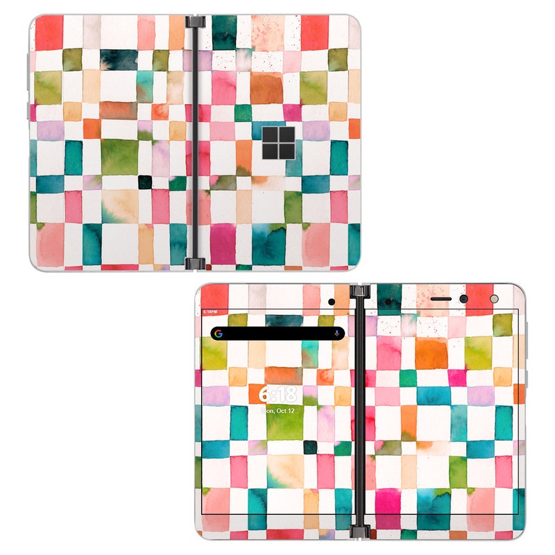 Microsoft Surface Duo Skin design of Brown, Rectangle, Product, Textile, Art, Pink, Line, Aqua, Magenta, Symmetry, with white, pink, green, red, blue, orange, purple colors