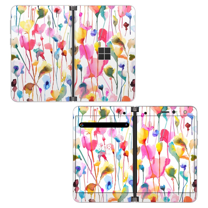 Microsoft Surface Duo Skin design of Plant, Petal, Art, Font, Pattern, Automotive wheel system, Event, Visual arts, Party supply, Pole, with white, red, pink, yellow, orange, green, blue, purple colors