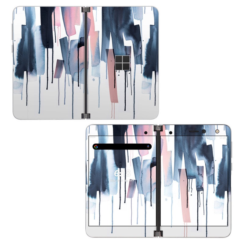 Microsoft Surface Duo Skin design of Gesture, Snow, Art, Freezing, Material property, Font, Fashion design, Sportswear, Electric blue, Magenta, with white, blue, pink, black colors