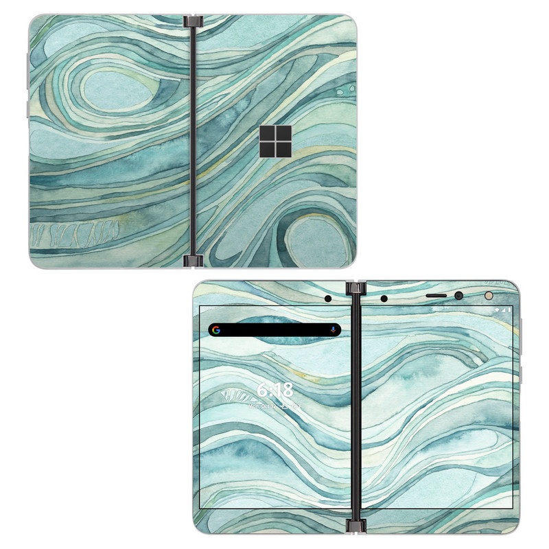 Microsoft Surface Duo Skin design of Aqua, Blue, Pattern, Turquoise, Teal, Water, Design, Line, Wave, Textile, with gray, blue colors