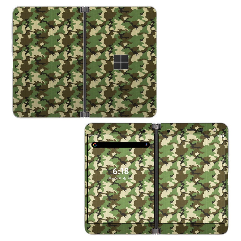 Microsoft Surface Duo Skin design of Military camouflage, Camouflage, Clothing, Pattern, Green, Uniform, Military uniform, Design, Sportswear, Plane, with black, gray, green colors