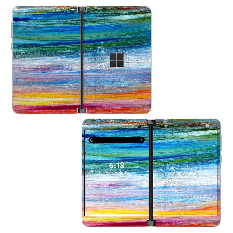 Microsoft Surface Duo Skin design of Sky, Painting, Acrylic paint, Modern art, Watercolor paint, Art, Horizon, Paint, Visual arts, Wave, with gray, blue, red, black, pink colors