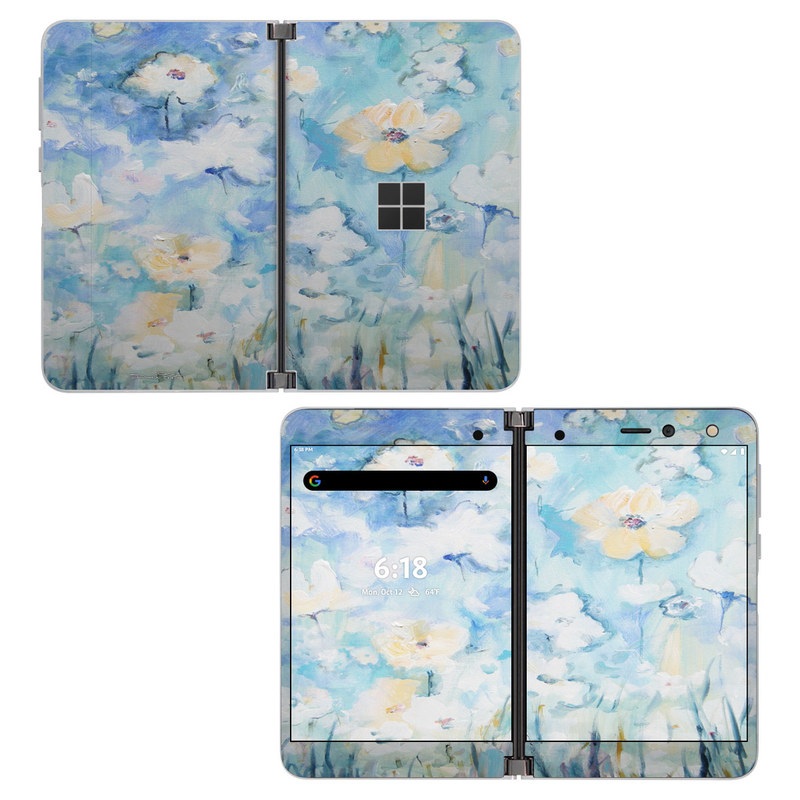 Microsoft Surface Duo Skin design of Blue, Watercolor paint, Painting, Flower, Plant, Art, Acrylic paint, Wildflower, Visual arts, Floral design, with gray, blue colors