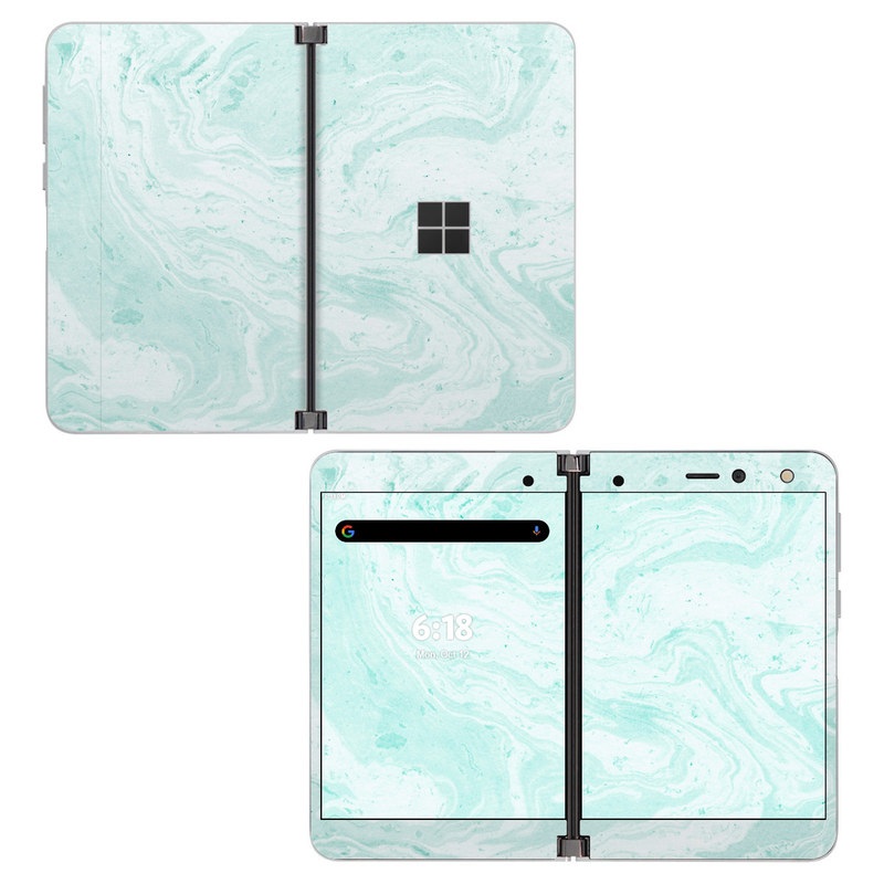 Microsoft Surface Duo Skin design of White, Aqua, Pattern with green, blue colors
