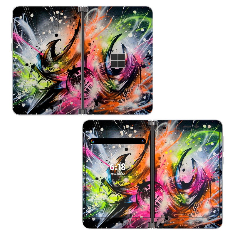 Microsoft Surface Duo Skin design of Graphic design, Fractal art, Art, Illustration, Design, Graphics, Cg artwork, Font, Visual arts, Pattern, with black, gray, red, green, purple, blue colors