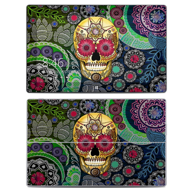 Microsoft Surface 2 RT Skin design of Skull, Bone, Pattern, Psychedelic art, Visual arts, Design, Illustration, Art, Textile, Plant, with black, red, gray, green, blue colors