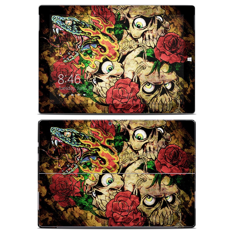 Microsoft Surface 3 Skin design of Illustration, Bouquet, Art, Skull, Plant, Rose, Flower, Graphic design, Fictional character, Floral design, with black, red, green, gray colors