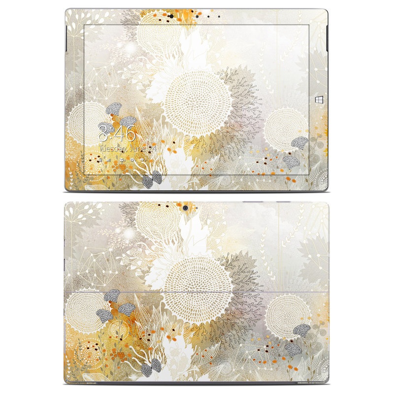 Microsoft Surface 3 Skin design of Pattern, Floral design, Flower, Plant, Illustration, camomile, Wildflower, Art, with gray, yellow, pink, white, green colors