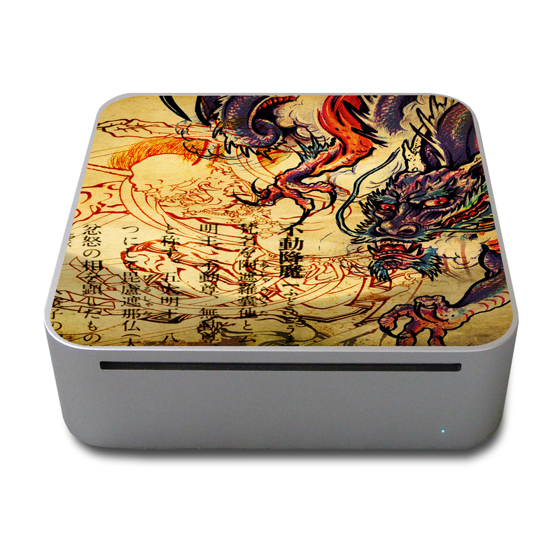Old Mac mini Skin design of Illustration, Fictional character, Art, Demon, Drawing, Visual arts, Dragon, Supernatural creature, Mythical creature, Mythology, with black, green, red, gray, pink, orange colors