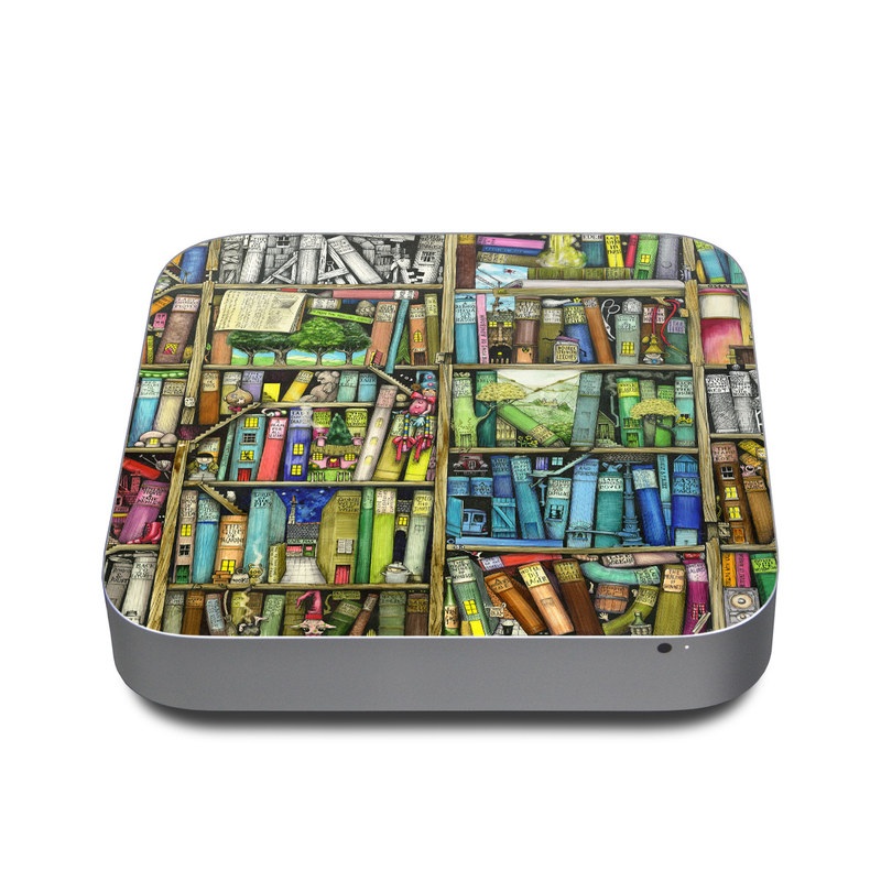 Apple Mac mini Skin design of Collection, Art, Visual arts, Bookselling, Shelving, Painting, Building, Shelf, Publication, Modern art, with brown, green, blue, red, pink colors