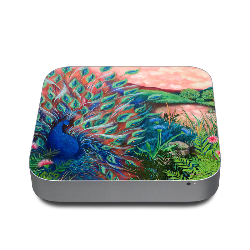 Apple Mac mini Skin design of Painting, Acrylic paint, Bird, Child art, Art, Galliformes, Peafowl, Visual arts, Watercolor paint, Plant, with black, red, gray, blue, green colors