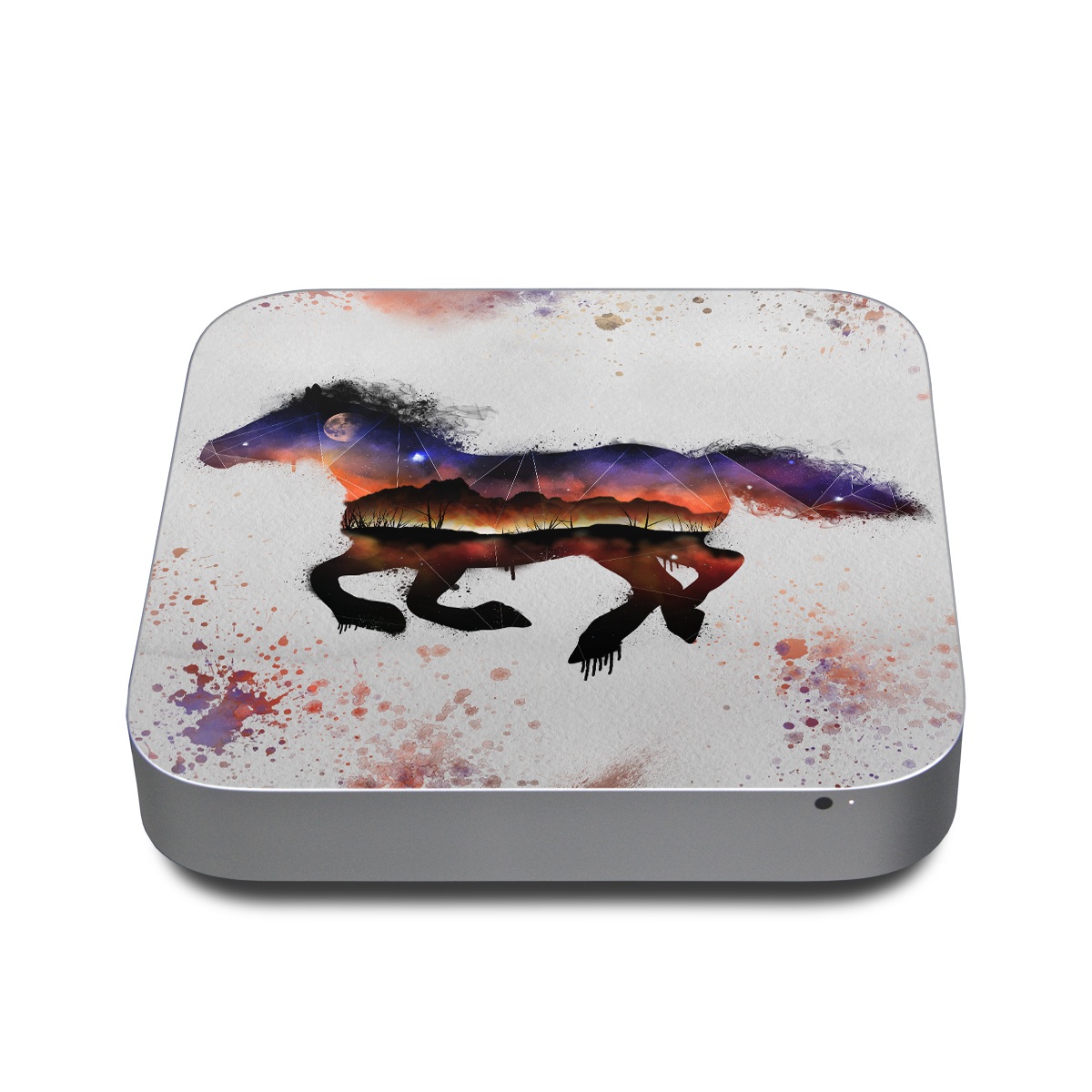 Apple Mac mini Skin design of Watercolor paint, Illustration, Art, Horse, Paint, Drawing, Graphic design, Painting, Visual arts, Mustang horse, with gray, white, purple, red, yellow, black, orange colors