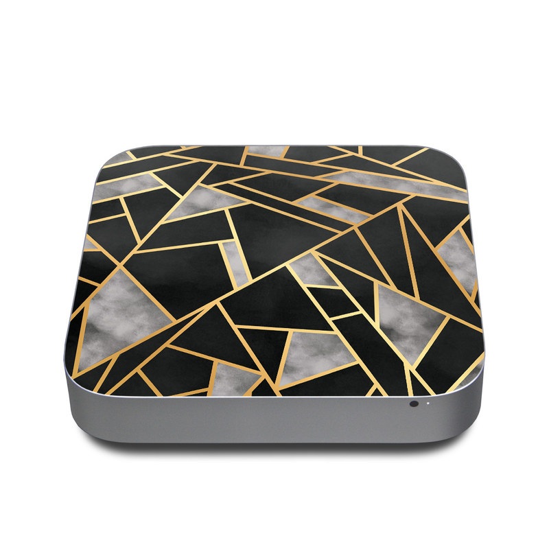 Apple Mac mini Skin design of Pattern, Triangle, Yellow, Line, Tile, Floor, Design, Symmetry, Architecture, Flooring, with black, gray, yellow colors