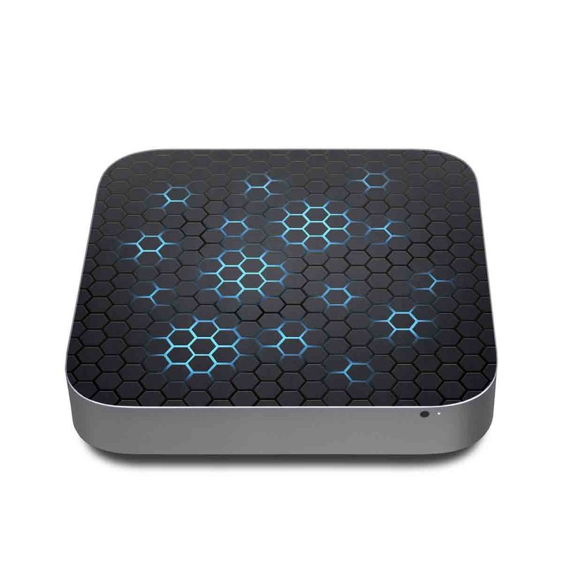 Apple Mac mini Skin design of Pattern, Water, Design, Circle, Metal, Mesh, Sphere, Symmetry, with black, gray, blue colors