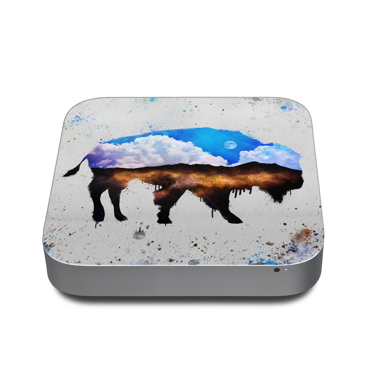 Apple Mac mini Skin design of Watercolor paint, Illustration, Art, Water, Painting, Sky, Paint, Acrylic paint, Drawing, Visual arts, with gray, blue, white, black, yellow, orange colors