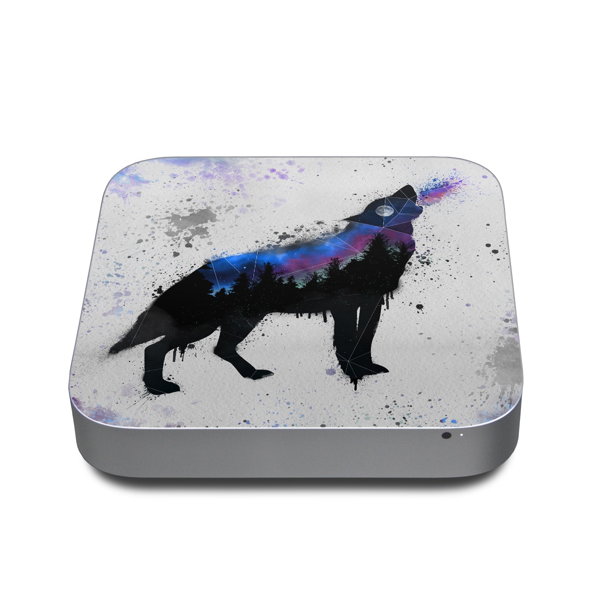 Apple Mac mini Skin design of Canidae, Art, Illustration, Watercolor paint, Dog, Graphic design, Street art, Acrylic paint, Painting, Visual arts, with gray, white, blue, black, green, purple colors