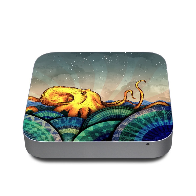 Apple Mac mini Skin design of Illustration, Fractal art, Art, Cg artwork, Sky, Organism, Psychedelic art, Graphic design, Graphics, Octopus, with black, gray, blue, green, red colors