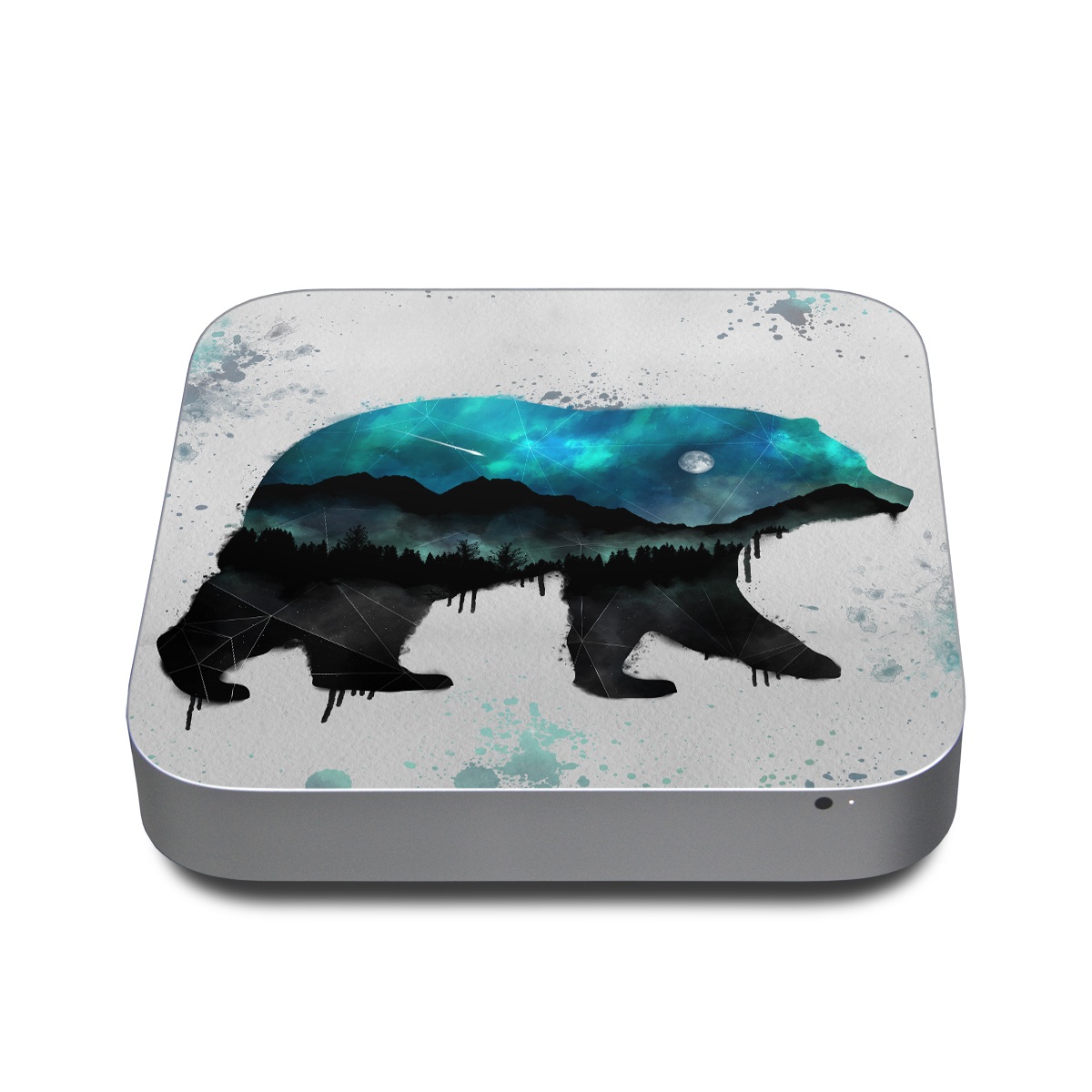 Apple Mac mini Skin design of Bear, Illustration, Grizzly bear, Art, Watercolor paint, Snout, Carnivore, Graphic design, Space, Polar bear, with gray, black, white, green, blue colors