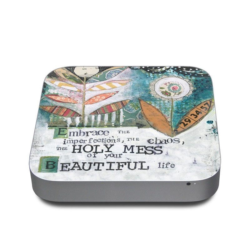 Apple Mac mini Skin design of Leaf, Font, Plant, Illustration, Art, with blue, white, green, red, orange, yellow colors