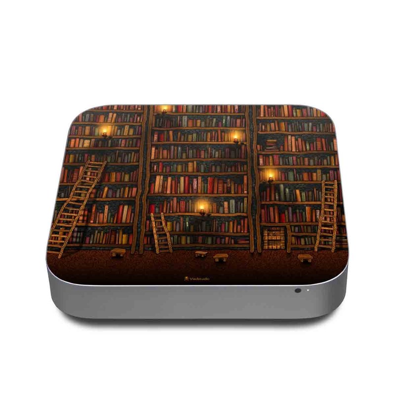 Mac mini Skin design of Shelving, Library, Bookcase, Shelf, Furniture, Book, Building, Publication, Room, Darkness, with black, red colors
