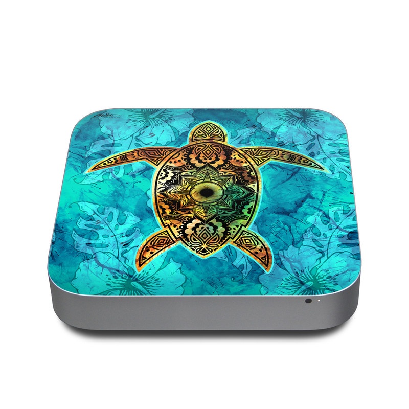 Mac mini Skin design of Sea turtle, Green sea turtle, Turtle, Hawksbill sea turtle, Tortoise, Reptile, Loggerhead sea turtle, Illustration, Art, Pattern, with blue, black, green, gray, red colors
