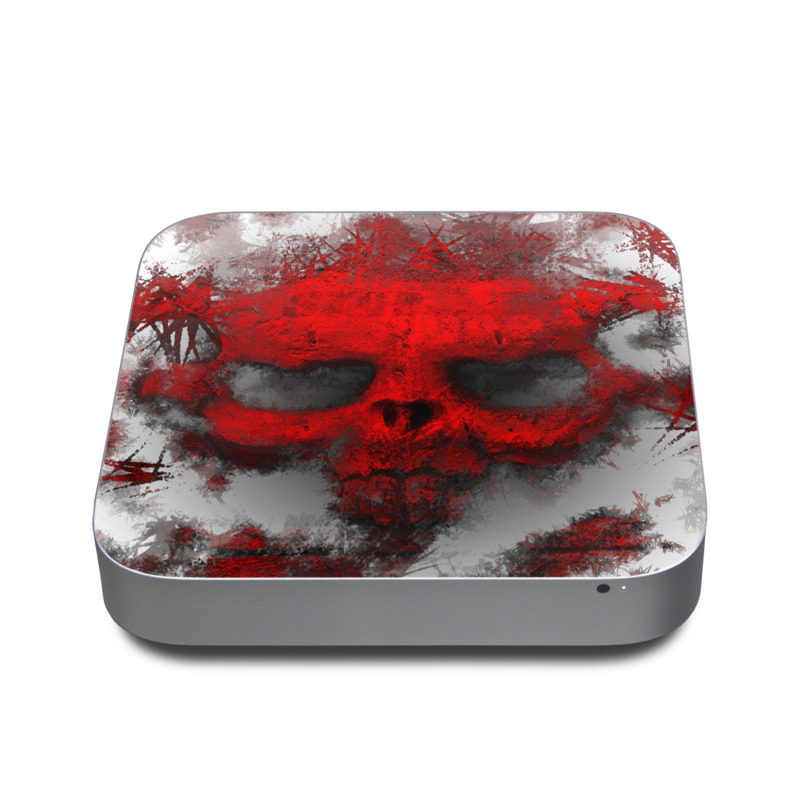 Apple Mac mini Skin design of Red, Graphic design, Skull, Illustration, Bone, Graphics, Art, Fictional character, with red, gray, black, white colors