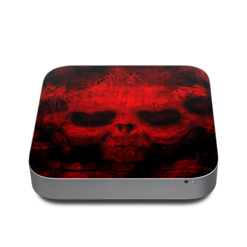 Apple Mac mini Skin design of Red, Skull, Bone, Darkness, Mouth, Graphics, Pattern, Fiction, Art, Fractal art, with black, red colors