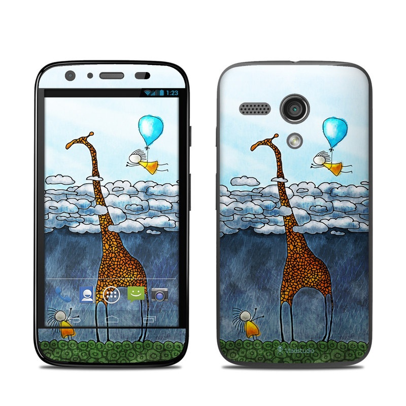 Motorola Moto G Skin design of Giraffe, Sky, Tree, Water, Branch, Giraffidae, Illustration, Cloud, Grassland, Bird, with blue, gray, yellow, green colors