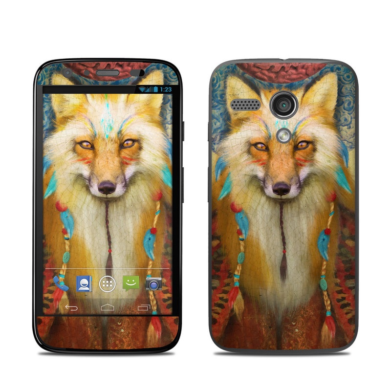 Motorola Moto G Skin design of Red fox, Canidae, Fox, Wildlife, Swift fox, Carnivore, Jackal, Fur, Snout, Art, with red, black, gray, green, blue colors