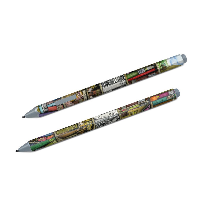 Microsoft Surface Pen Skin design of Collection, Art, Visual arts, Bookselling, Shelving, Painting, Building, Shelf, Publication, Modern art, with brown, green, blue, red, pink colors
