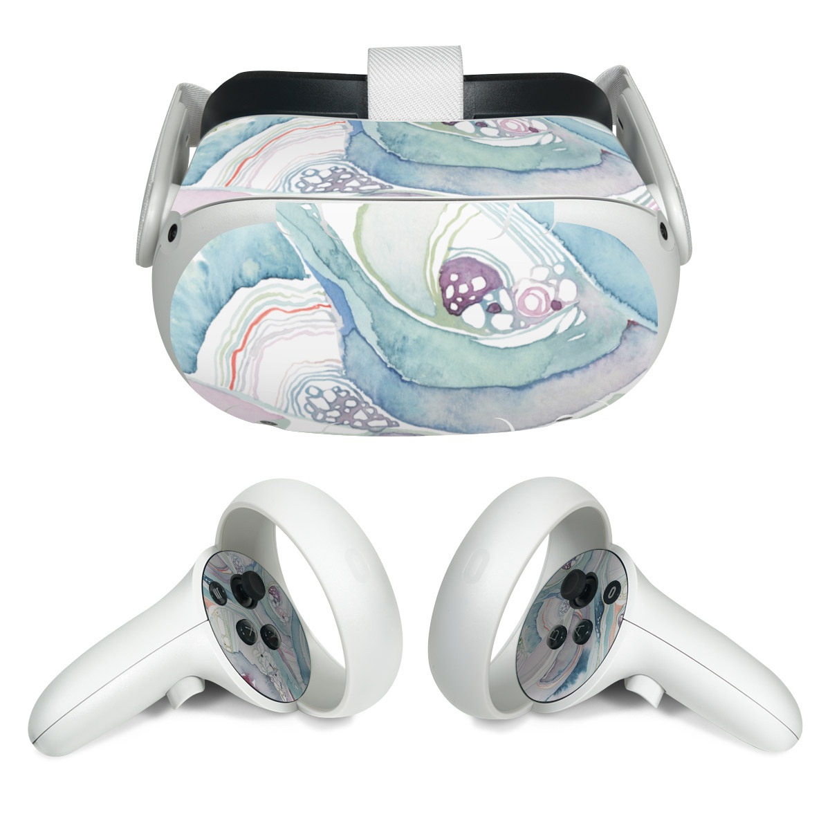 Meta Quest 2 Skin design of Watercolor paint, Plant, Art, Illustration, Flower, with blue, purple, pink, red, orange colors