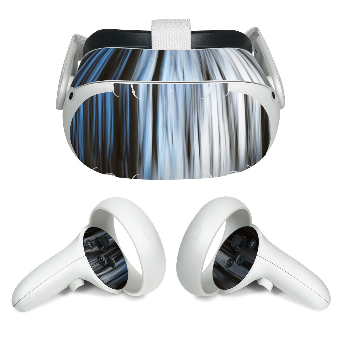 Meta Quest 2 Skin design of Water, Blue, Natural environment, Tree, Forest, Line, Waterfall, Plant, Black-and-white, Reflection, with black, white, blue colors