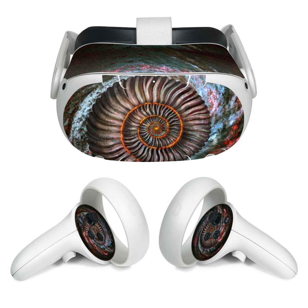 Meta Quest 2 Skin design of Spiral, Fractal art, Vortex, Circle, Art, Ammonoidea, with black, brown, red, white, blue, green colors