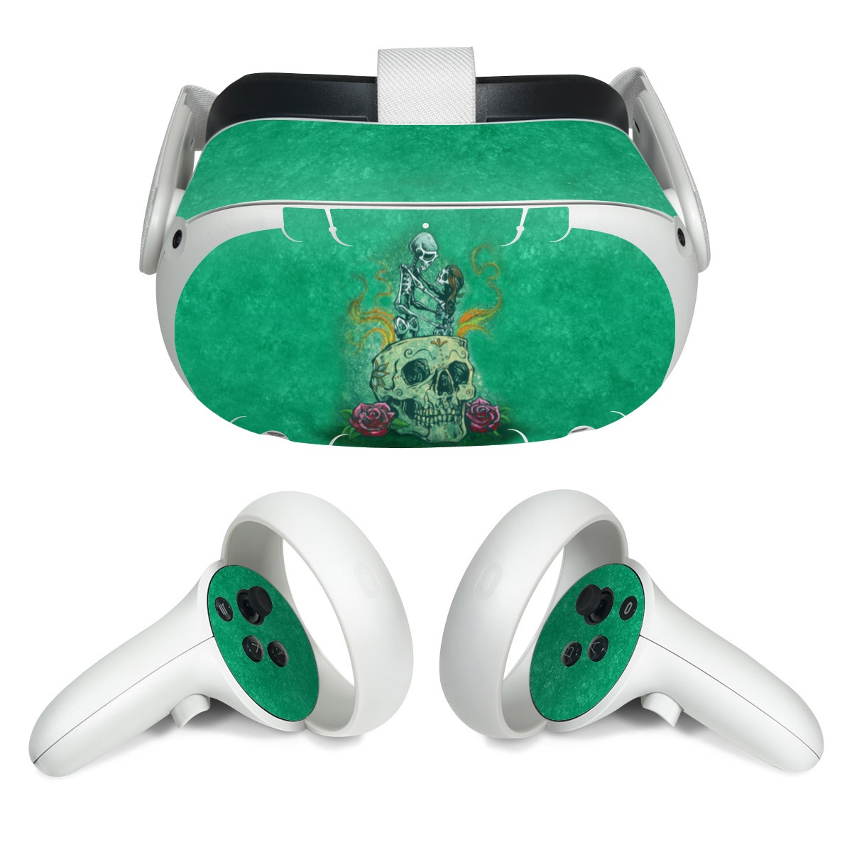 Meta Quest 2 Skin design of Bone, Skull, Aqua, Pattern, Electric blue, Fashion accessory, Font, Fictional character, Art, Grass, with green, pink, red, yellow, orange, white, gray colors