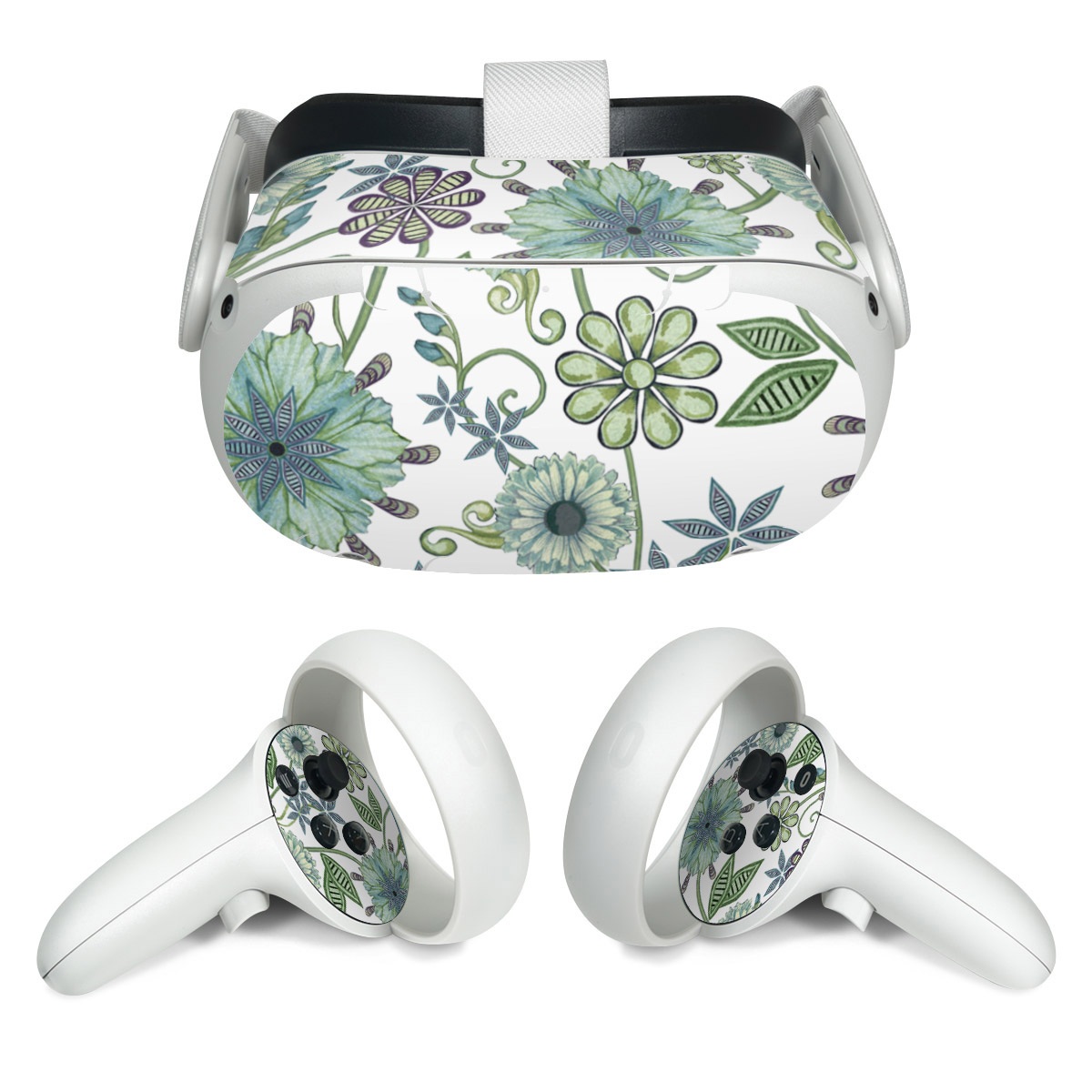 Meta Quest 2 Skin design of Green, Pattern, Flower, Botany, Plant, Leaf, Design, Wildflower, with white, green, blue colors