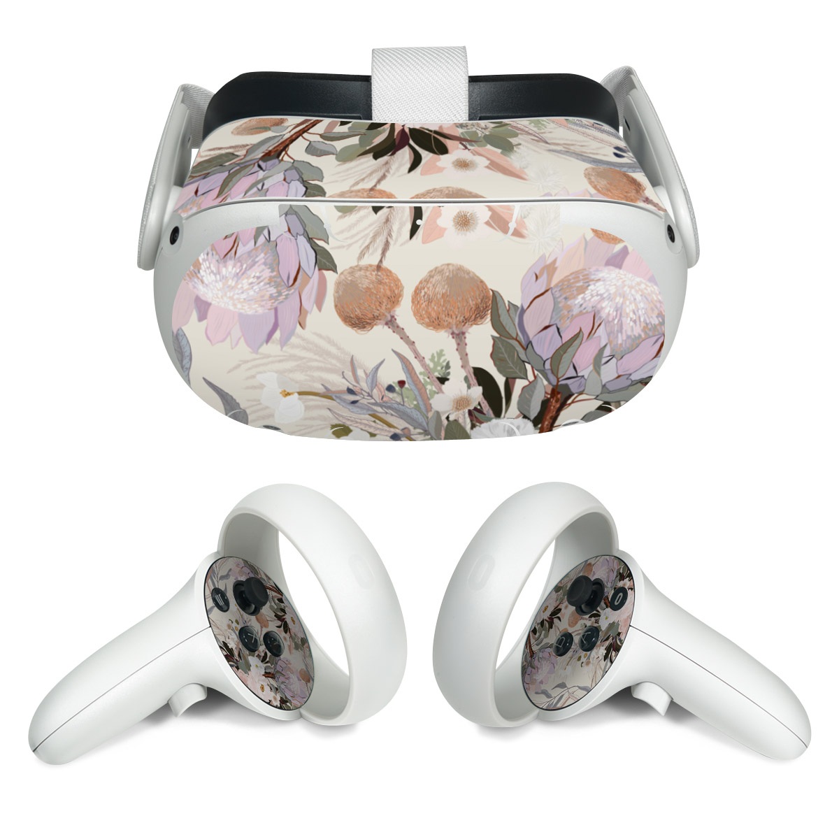 Meta Quest 2 Skin design of Flower, Floral design, Watercolor paint, Plant, Spring, Branch, Flower Arranging, Lilac, Floristry, Petal, with pink, purple, green, brown, white, yellow, black colors