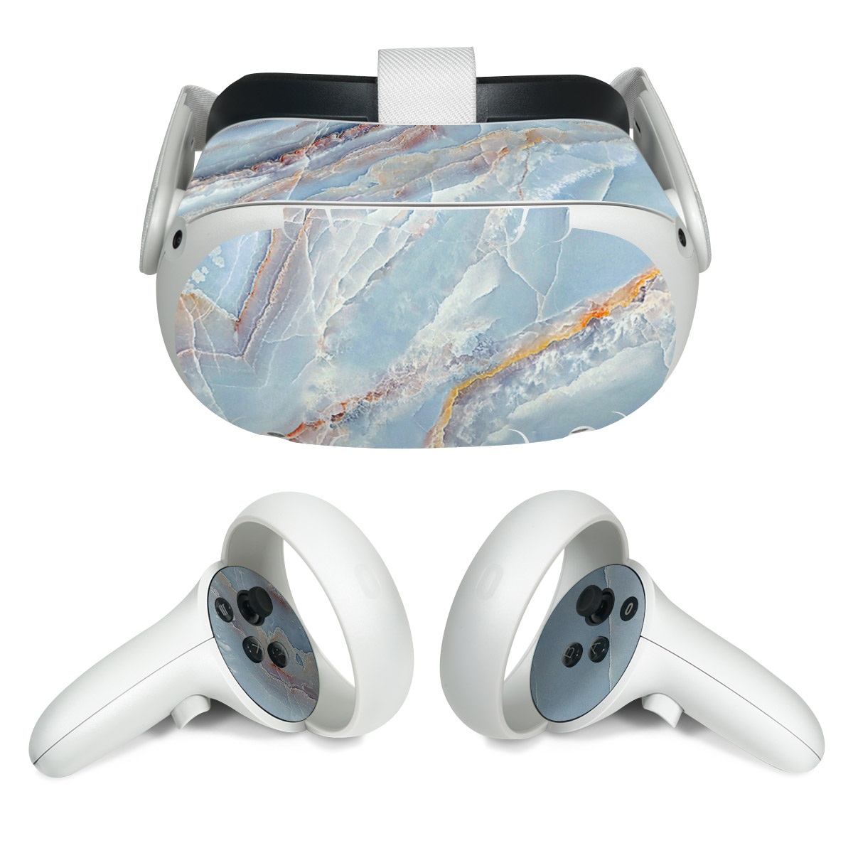 Meta Quest 2 Skin design of Blue, Azure, Aqua, Onyx, with blue, red, orange, white colors