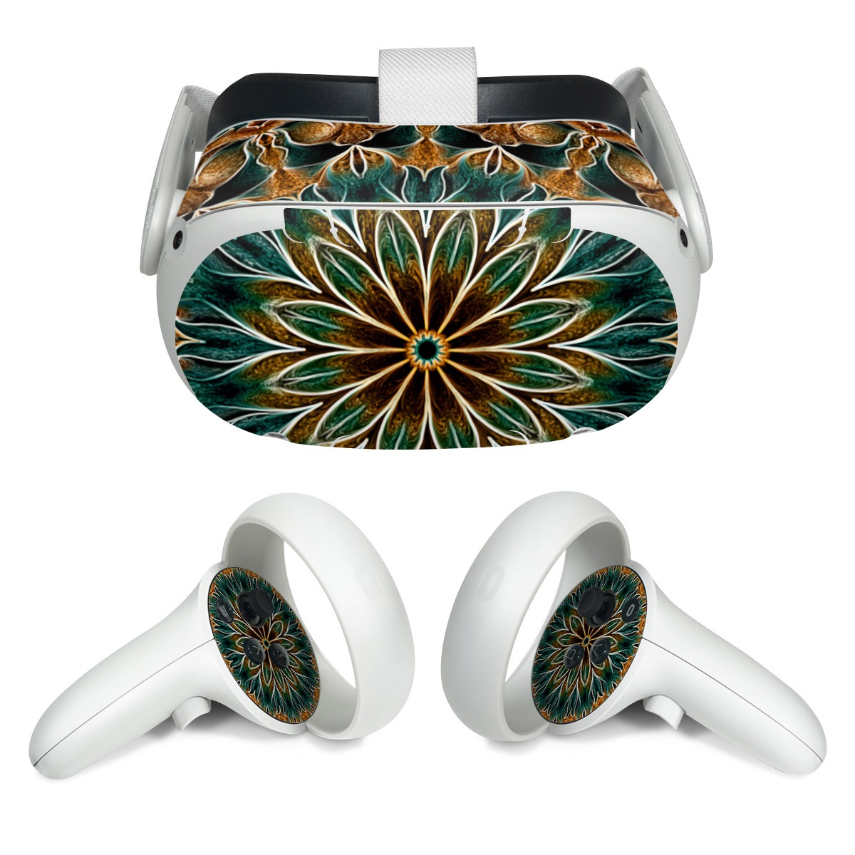 Meta Quest 2 Skin design of Pattern, Symmetry, Textile, Art, Psychedelic art, Tapestry, Design, Visual arts, Kaleidoscope, Motif, with green, orange, yellow, brown, red colors