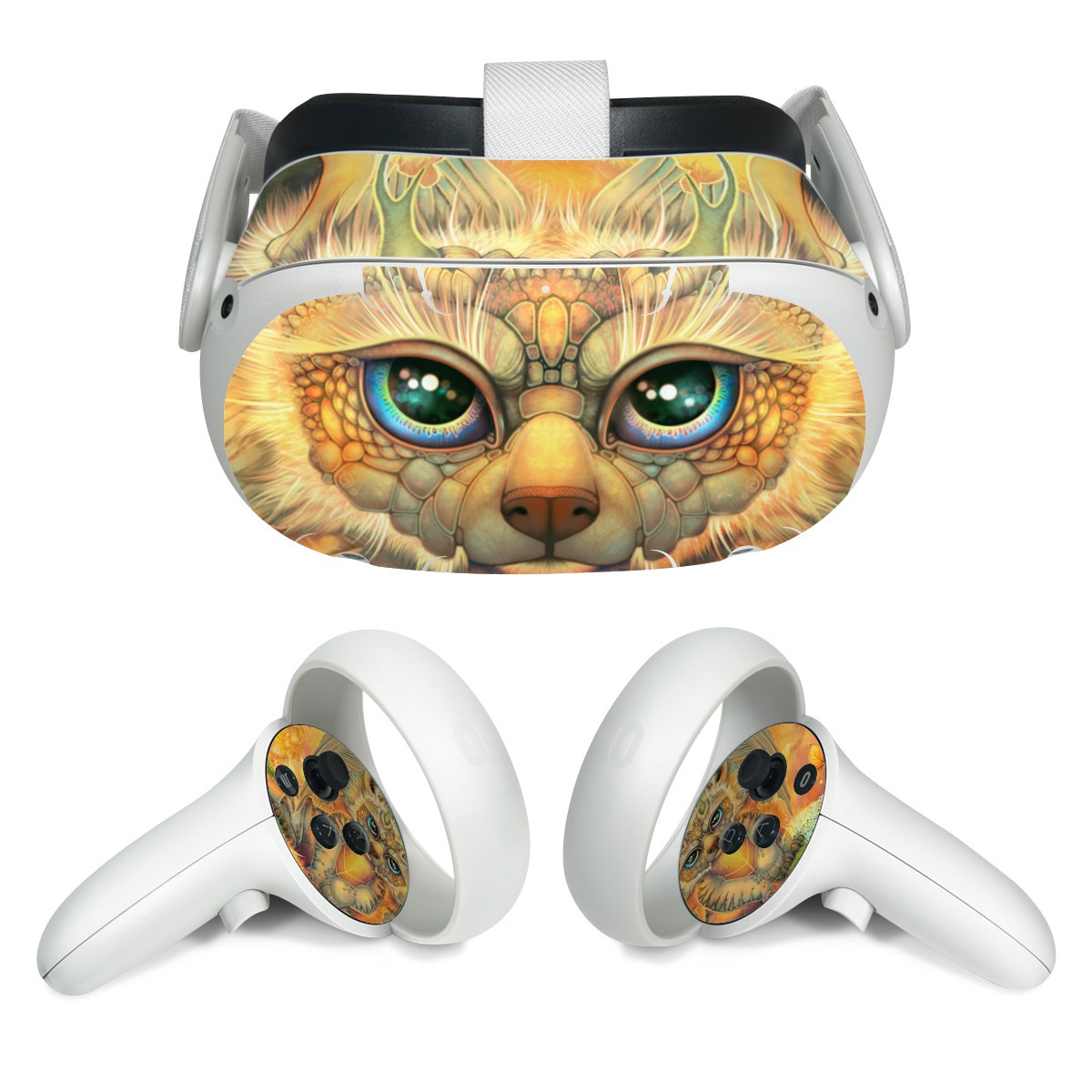 Meta Quest 2 Skin design of Nature, Mammal, Art, Fawn, Owl, Illustration, Tail, Fictional character, Visual arts, Terrestrial animal, with yellow, orange, green, white, black colors