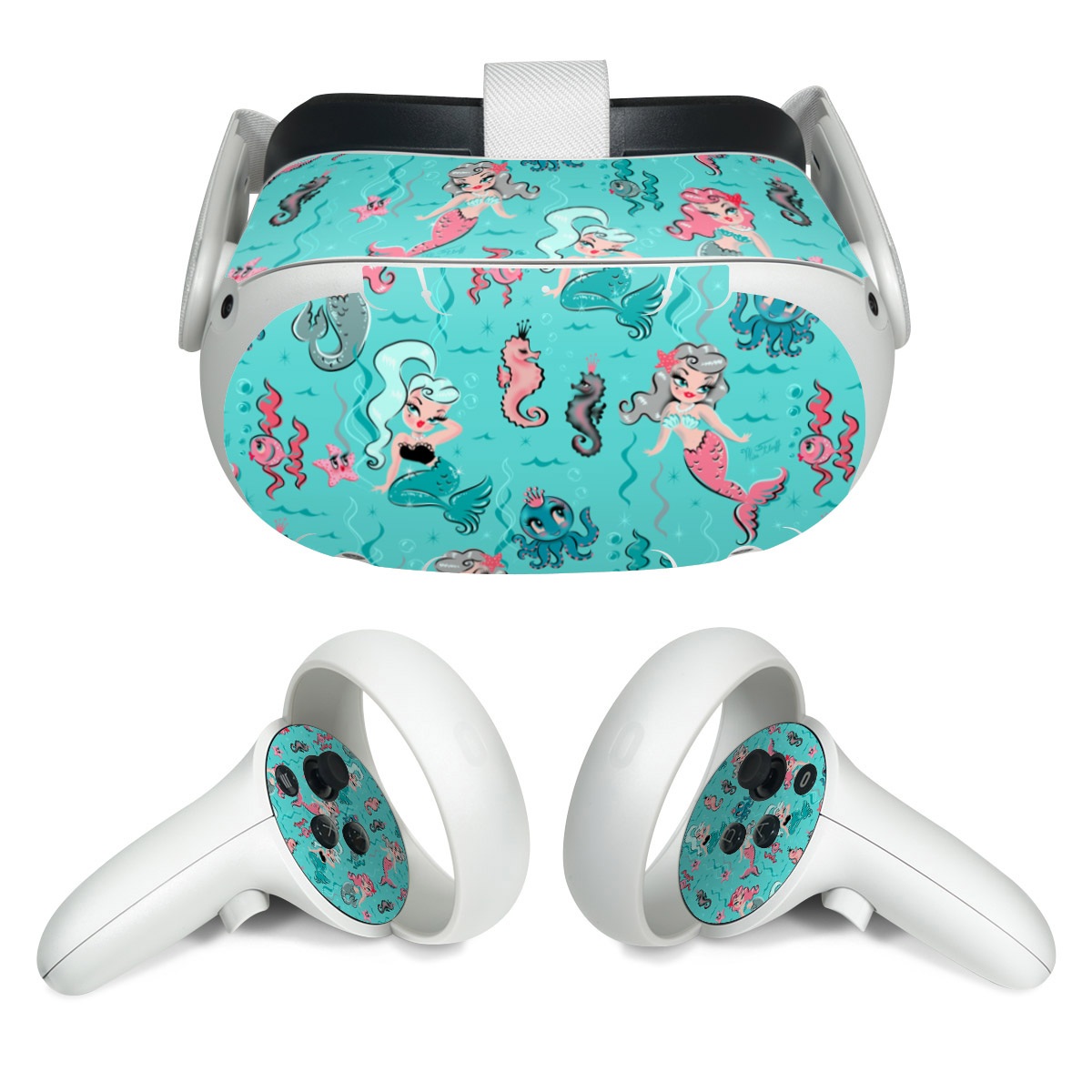 Meta Quest 2 Skin design of Turquoise, Wrapping paper, Cartoon, Pattern, Textile, Aqua, Design, Gift wrapping, Illustration, Fictional character, with blue, pink, yellow, gray colors