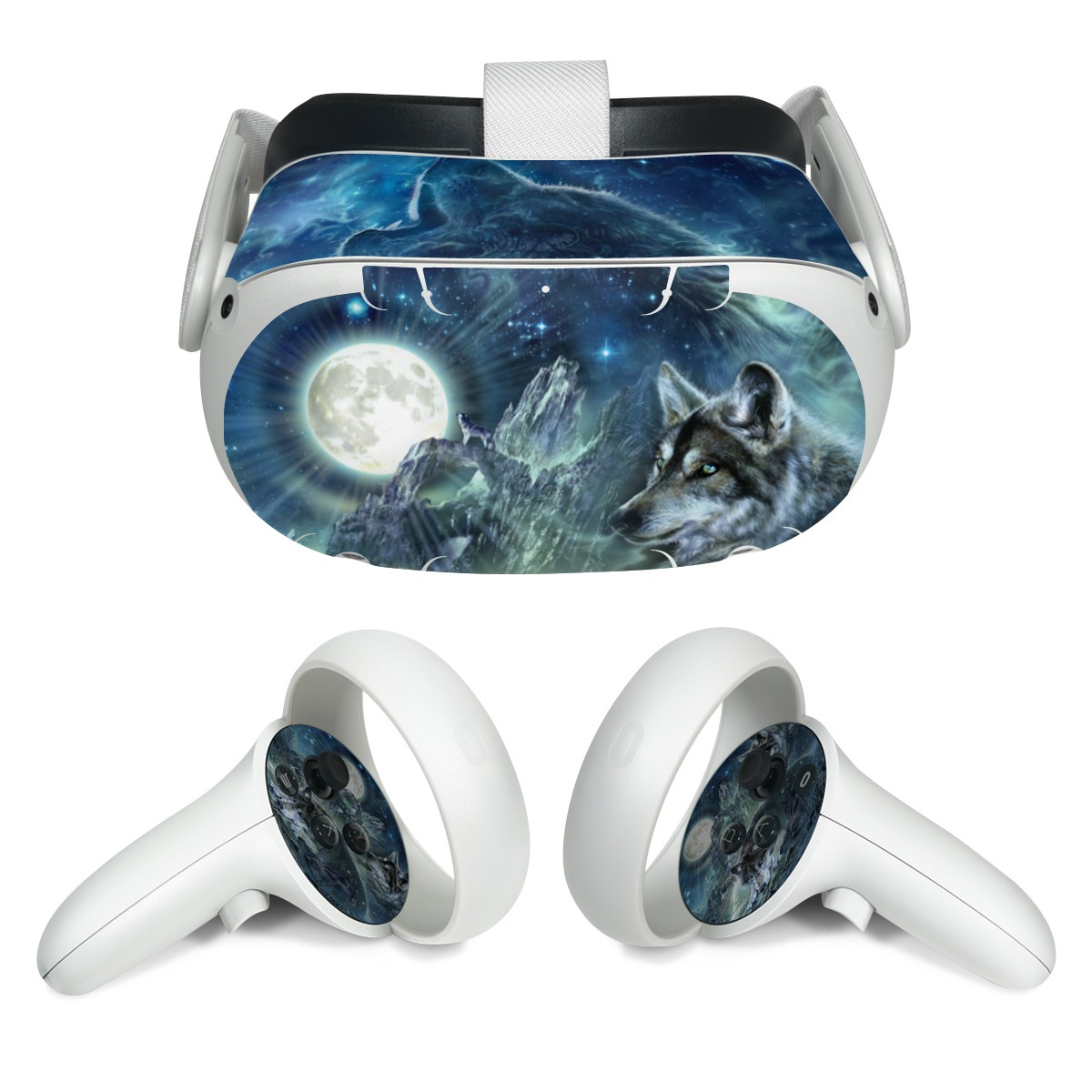 Meta Quest 2 Skin design of Cg artwork, Fictional character, Darkness, Werewolf, Illustration, Wolf, Mythical creature, Graphic design, Dragon, Mythology, with black, blue, gray, white colors