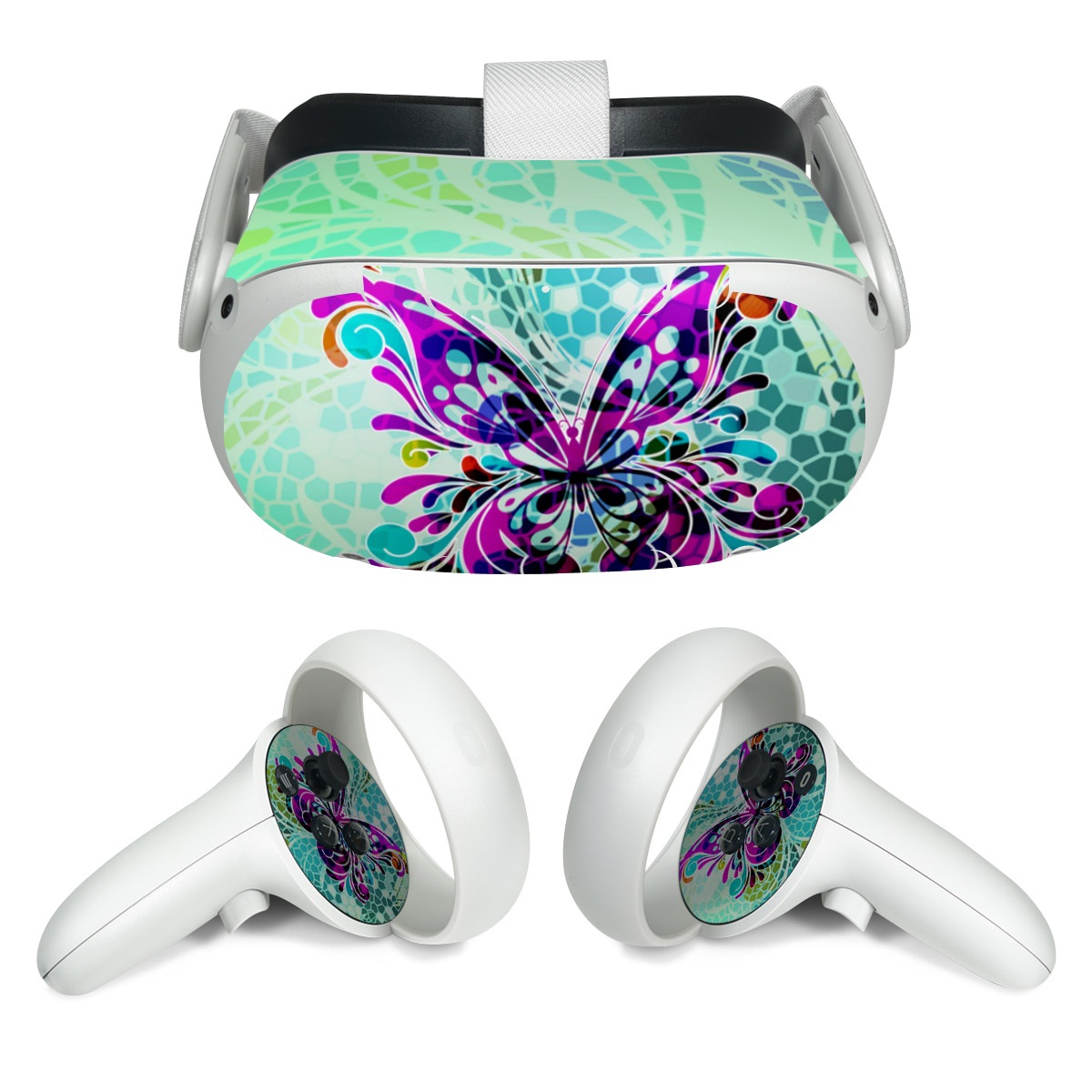 Meta Quest 2 Skin design of Butterfly, Pattern, Insect, Moths and butterflies, Purple, Graphic design, Design, Pollinator, Visual arts, Magenta, with blue, green, purple colors