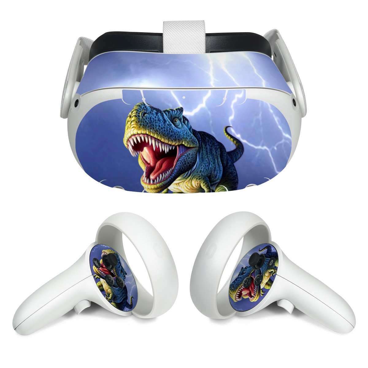 Meta Quest 2 Skin design of Dinosaur, Extinction, Tyrannosaurus, Velociraptor, Tooth, Jaw, Organism, Mouth, Fictional character, Art, with blue, green, yellow, orange, red colors