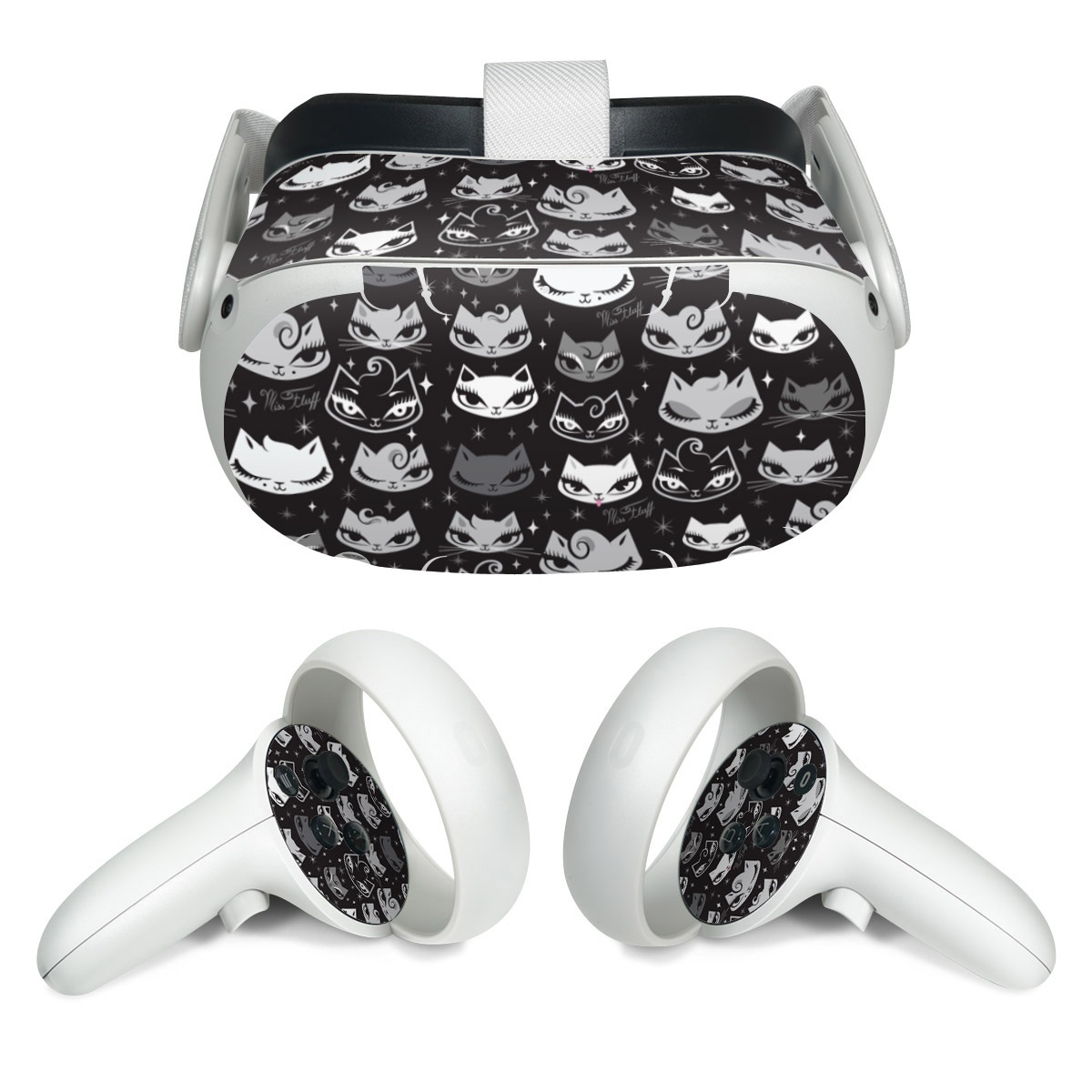 Meta Quest 2 Skin design of Pattern, Design, Headgear, Hat, Smile, Team, Crowd, with black, white, gray colors