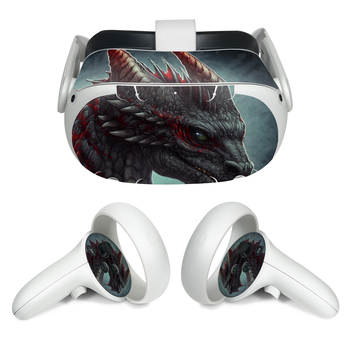 Meta Quest 2 Skin design of Dragon, Fictional character, Mythical creature, Demon, Cg artwork, Illustration, Green dragon, Supernatural creature, Cryptid, with red, gray, blue colors